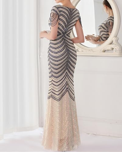 Image of houstil Formal Dresses for Women Sequin 1920s Full Length Evening Party Gown Great Gatsby Cocktail Wedding Dress
