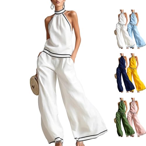 Elegant Minimalist Trimmed White Cotton Linen Halter Neck Top And
