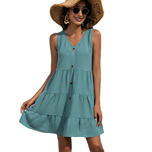 Oubaiyi Vestido de Playa para Mujer Verano Casual Cuello en V Correa Vestido sin Mangas Vestido Informal Holgado A,S Cover