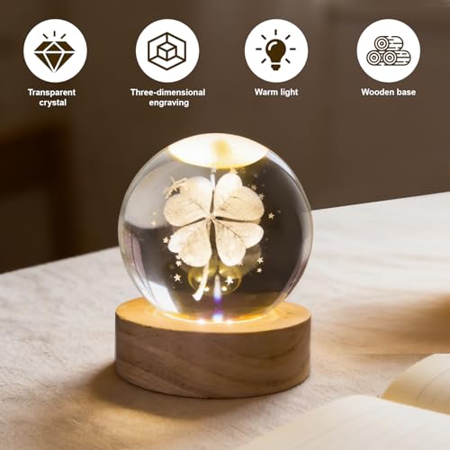 YANGUN 3D Kristallkugel Nachtlicht, 60 mm Glaskugel-Nachtlampe, moon lamp, vierblättriges Kleeblatt glücksbringer, 3d lampe Glaskugel Deko, Geschenke für Männer Jungen Frauen Kinder, Heimdekoration