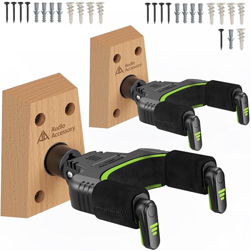 Image of AA AUDIO ACCESSORY Guitar Wall Mount Autolock 2-Pack - Nitro Friendly Velvet Hook (Heavy-Duty Design) 4-Screw Wood Base of 20lbs Load Guitar Wall Hanger for Bass, Acoustic, Classical, Electric Guitar