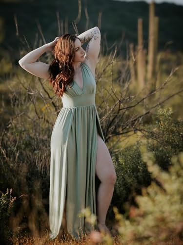 Image of SILUI Women's Summer 2026 Sexy Double High Slit Deep V Neck Plus Size Sundresses Thigh Split Maxi Club Party Dresses