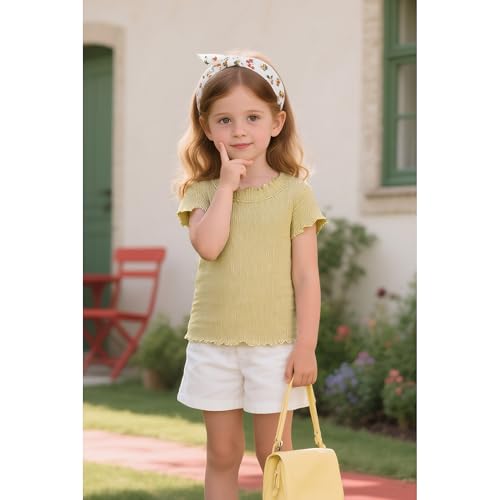 Image of Girls Summer Lettuce Trim Ribbed Knit Short Sleeve T-Shirts Solid Color Casual Blouse Tops