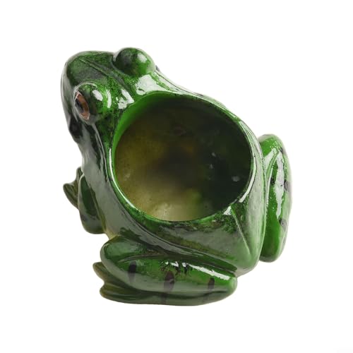 Vaso per piante grasse a forma di rana, mini ornamento in resina, decorazione per interni ed esterni, per giardino, patio, davanzale, scrivania, verde, 11,3 x 7,5 cm, foro di drenaggio, fiore