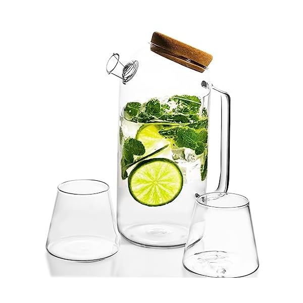 Leiia- Pitcher Glass With 2 Cups And Cork Lid Set- Mixing Carafe With Lid Set Gift- Beverage Serving Containers Glass Pitchers With Lid- Crystal Barware Set Borosilicate- Glass Carafe
