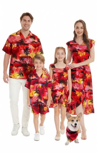 Image of Hawaii Hangover Family Matching Hawaiian Clothes, Sunset Red | Family matching Hawaiian outfits, Sunset Red, lightweight rayon, machine washable, tropical floral print, luaus, cruises