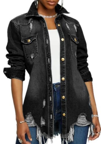 LaiyiVic Jean Jacket Women Distressed Ripped Long Sleeve Denim Jackets