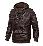 JKFDH Winterjacken Für Herren,Warme Kapuzen Pu Lederjacke Vintage Einfarbig Dunkelbraun Lässige Bomber Motorradjacken Windjacke Mit Tasche Für Indoor Outdoor Sport,XXL