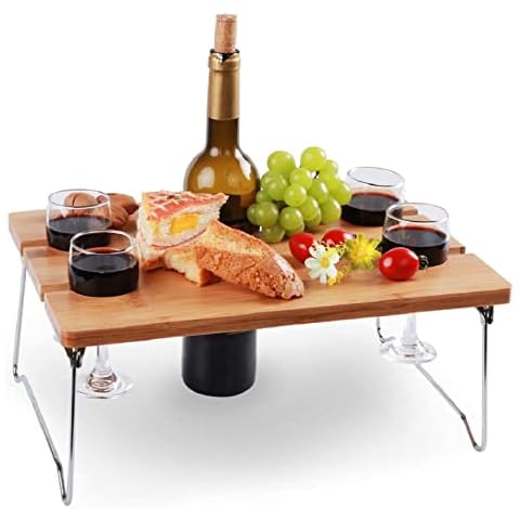 INNO STAGE Portable and Foldable Wine and Snack Table withe metal legs for Picnic Outdoor on the Beach Park or Indoor Bed for 4 glasses Cover