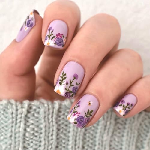 Purple Press on Nails Short Square Fake Nails Flower Bee