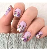 Purple Press on Nails Short Square Fake Nails Flower Bee Design Full Cover Glue on Nails Press on...
