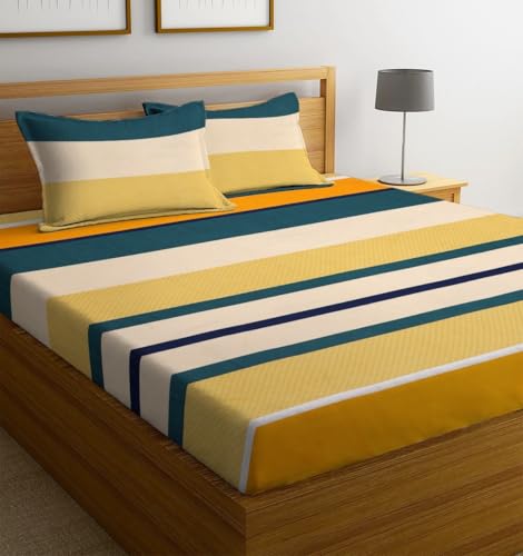 Image of la' Amour Premium Cotton Elastic Fitted Bedsheets with 2 King Size Pillow Covers Double Bed with All Around Elastic Supersoft Size - 72 King Sizex78+10 inches Green Yellow Print 200 tc - 220 tc