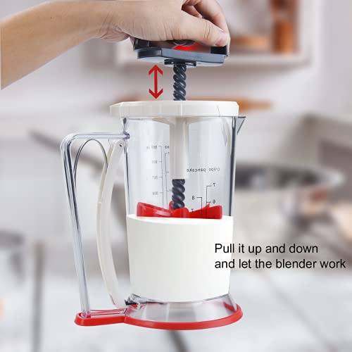 Foto von Benetal Teigportionierer 900ml Teigspender mit Rührfunktion, Teigmischer und Teigportionierer mit Messbecher und Rührstab, Für Pfannkuchen, Cupcakes, Waffeln (Red)