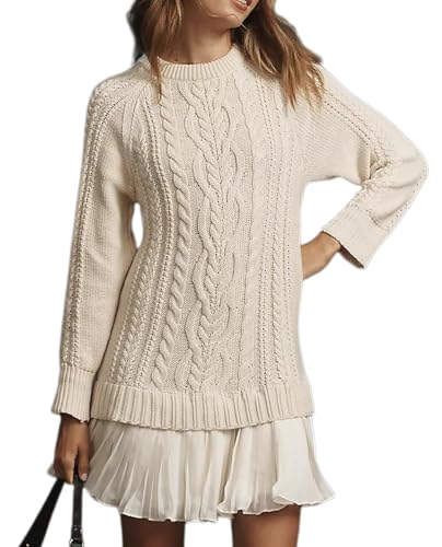 Women Crewneck Cable Knit Sweater Mini Dress, Long Sleeve A-Line Pleated, Cable Knit Sweater Dress Women