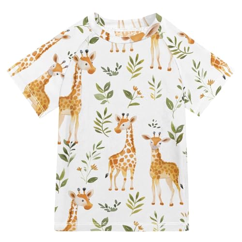 ALAZA Kids Rash Guard Boys Toddler Swim Shirts Short Sleeve Giraffe Leaf UPF 50+ 3T