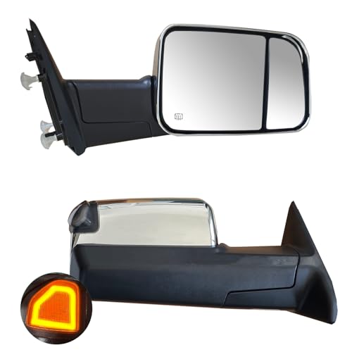 LUCTEND Tow Mirrors Compatible with 2009-2018 Dodge Ram 1500, 2010-2018 2500 3500, 2019-2024 Ram 1500 Classic, Flip Up Extended Trailer Towing Side Mirrors w/Smoked Turn Signal, Power Heated, Chrome