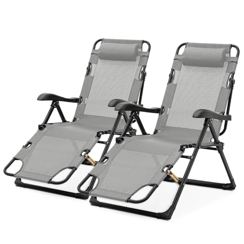 Magshion Folding Reclining Patio Chairs Set of 2, Adjustable Foldable Lounge with Additional Support Bar and Headrest Patio Lawn Recliner for Outdoor Pool Camp Yard, 300lbs Capacity, Grey