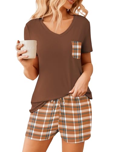 Image of Ekouaer Womens Pajama Sets Short Sleeve Pajamas for Women Sets Soft Lounge Sets Casual V Neck Sleepwear PJS