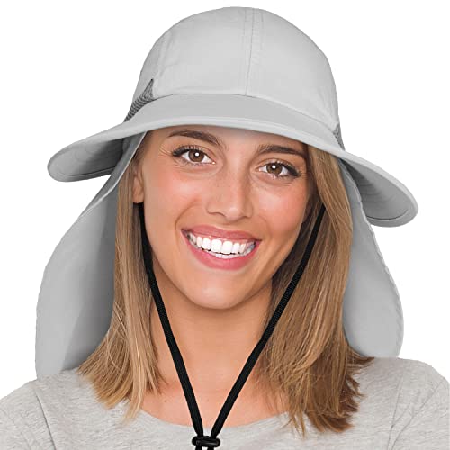 SUN CUBE Women Hiking Sun Hat, Fishing Summer Hat | Ladies Outdoor Safari Cap for Camping, Gardening | Wide Brim, Neck Flap Strap, Ponytail Hole | Beach Hat Cooling Mesh UPF50+, Light Gray