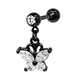 [凛りん] ボディピアス 蝶々 ジュエル ストレートバーベル サージカルステンレス 軟骨ピアス 片耳用 (16G/ブラック・クリア)