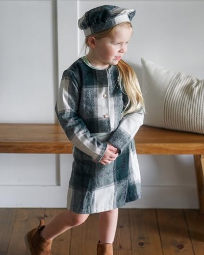 Image of HINTINA Toddler Girl 4 Pieces Outfits Ruffles Long Sleeve Tops Plaid Skirt Jacket And Hat Fall Winter Clothes Set