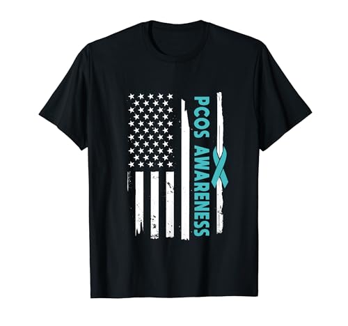 Bandera americana PCOS Awareness Wear Teal Ribbon USA Camiseta