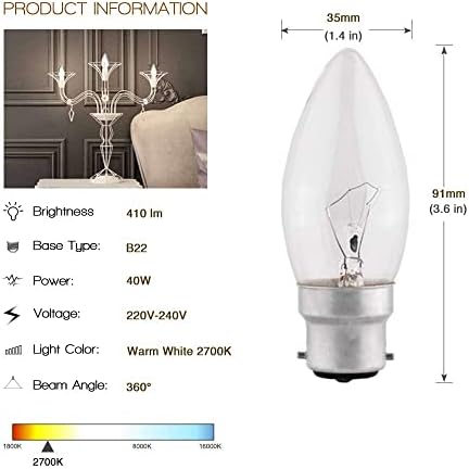 Candle Light Bulb Bayonet - Pack of 10 BC B22 cc Light Bulbs 4̣0̣ Clear, Warm White, by Brightfour
