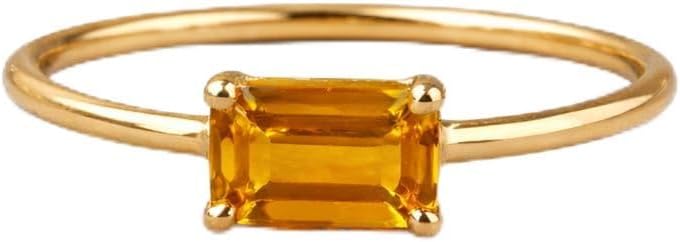Emerald Cut Citrine Ring 14K Yellow Gold Minimalist Solitaire Engagement Ring Art Deco Alternative Fine Handmade Promise Jewelry Gift For Her