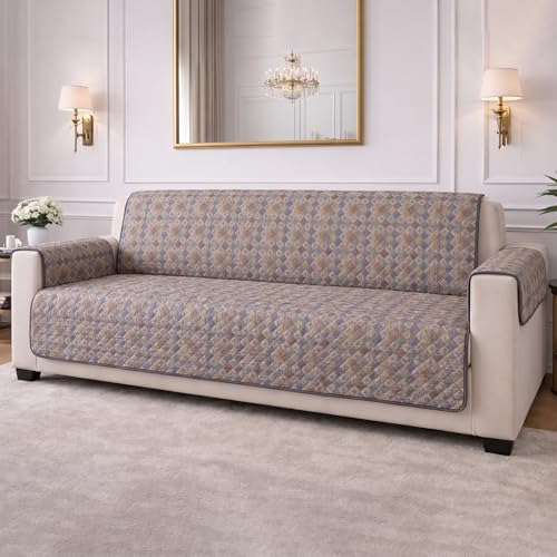 Image of STITCHNEST 'CloudFeel Series' Quilted Printed Velvet Sofa Cover for 2 Seater | Premium Soft Velvet Sofa Protector | Multicolor Diamond Geometric Design with Armrest Pockets | Furniture Cover