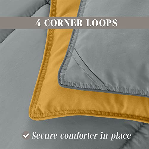 Image of Elegant Comfort 3-Piece Reversible Comforter Set, All Season Cozy, Soft Down Alternative, Quilted - Box Stitched - Duvet Insert with 4 Corner Tabs, Comforter with Shams, Full, Yellow /Gray