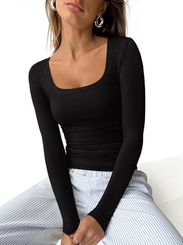 REORIA Long Sleeve Shirts for Women Scoop Neck Going Out Slim Basic Tshirts 2025 Trendy Tops Ribbed Knit Fall Outfits2