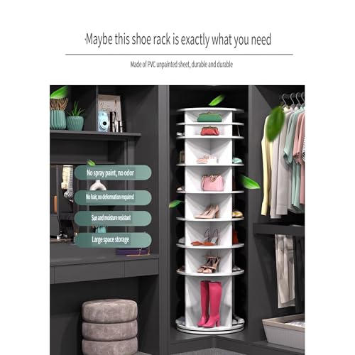 Image of Leavader 8-Tier Round Rotating Shoe Rack Tower, White Spinning Shoe Shelf with Vertical Handbag Rotate Shoes Closet Organization, 360 Shoe Rack Storage Round Carousel