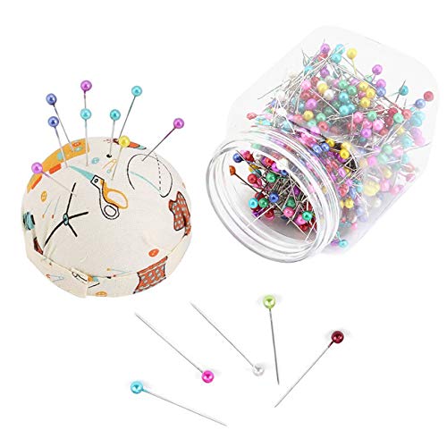 500Pcs Pearl Needles Quilting Pins Packed in Pink Fabric Covered Pin Cushion Bottle Wedding Decorating Tool Sewing Crafts (Orange)
