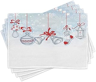 ABAKUHAUS Christmas Place Mats Set of 4, Retro, Washable Fabric Placemats for Dining Room Kitchen Table Decor, White Orange and Blue