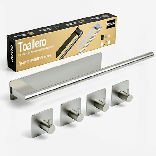 ROVIQ Toalleros de baño sin Taladro – Ganchos Adhesivos para Pared – Toalleros de baño + colgadores Adhesivos Resistentes – Accesorios baño - Color Plateado