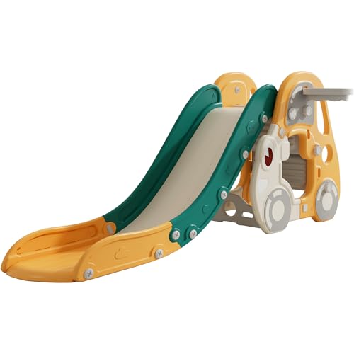 Image of CuFun Toddler Slide Kart Car Slide Kids Indoor Long Slide Baby Slide Freestanding Slide with Basketball Hoop and Ball Climber
