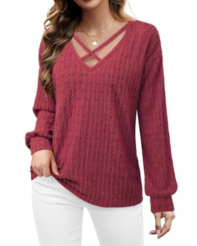 Image of Lotusmile Women's Soft Fuzzy Knit Hollow Out Lace Blouses Criss Cross V Neck Tops for Women Dressy Casual