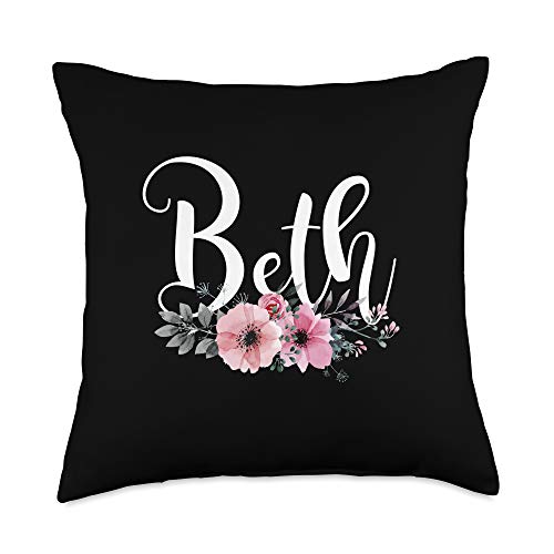 Custom Beth Name Pink Flowers Decor Cute Gift Beth Name Personalized Floral Pink Black Women Girls Gift Throw Pillow, 18x18, Multicolor