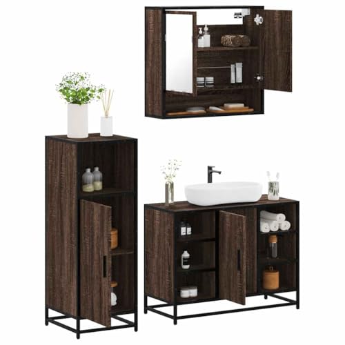 Runheo 3-Piece Bathroom Furniture Set Brown Oak Effect Wood Composite Metal Glass Bathroom Vanity Unit Mirror Cabinet Tall Cabinet Moisture Resistant