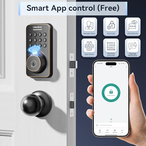 Image of Ulecoce Fingerprint Keypad Deadbolt with Handle Set, Keyless Entry Door Lock, Door Locks for Front Door Lock Set, App Control, Auto Locking, Easy to Install, Oil Rubbed Bronze