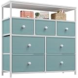 EnHomee Dresser for Bedroom with 7 Drawers and 2 Shelves, TV Stand Dresser for Closet with Wooden Top and Metal Frame, Tall Dressers & Chest of Drawers, Ocean Green