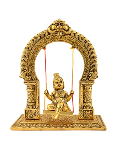 Image of White Metal Krishna on Swing Jhula 7.9 - Golden | Oxidized Bal Gopal for Temple & Home Home | Durable Material | Ideal for Home Decor | Perfect for Gifting