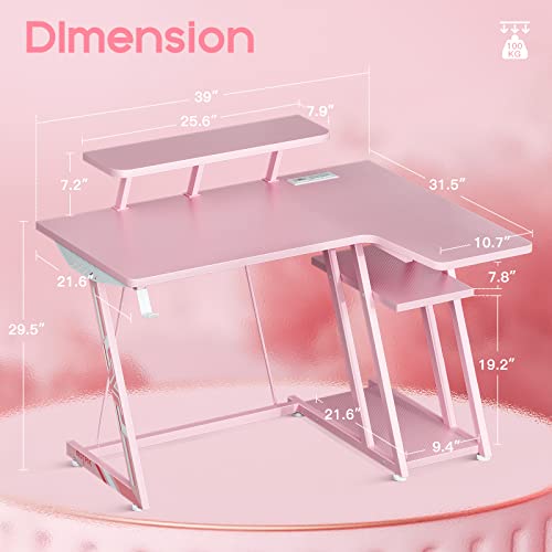 Motpk Small Corner Gaming Desk L Shaped With Storage Shelf & Power Outlets, Computer Desk With Monitor Shelf, Carbon Fiber Surface, Gamer Desk Gaming Table, Pink, 39 Inch #TOP2