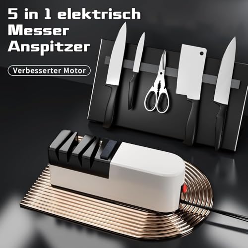 Elektrischer Messerschärfer, 5 in 1 Messerschärfsystem mit gerader Klinge, Profi-Diamant Messerschärfer FüR Grob Schlerfen, Reparatur und Schärfen von Messern (Weiß)