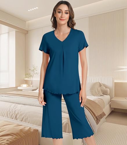 Image of NACHILA Women's Pajama Sets Cooling Bamboo Viscose V-Neck Top & Capri Pants | Lightweight, Breathable, Moisture-Wicking, Buttery Soft, Ideal for Hot Sleepers, Night Sweats and Hot Flashes, Sleep & Lounge