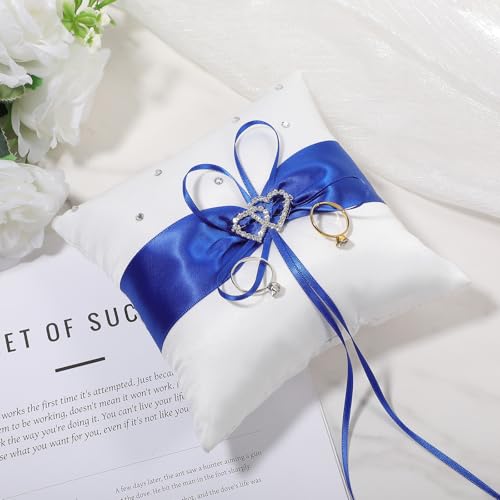 XLIUAX Wedding Ring Pillow, 5.7x5.5 Inch Lace Bow Ring Bearer Cushion Heart Rhinestones Rings Pillow Holder for Proposal Wedding Ceremony Party