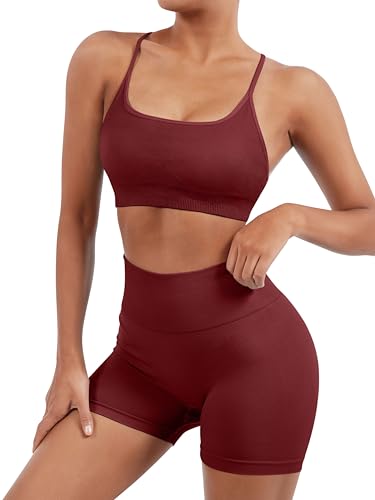 Image of SUUKSESS Women Seamless Workout Sets Strappy Sports Bra High Waist Booty Shorts Outfits