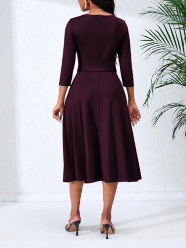 Image of PerZeal Women's Caual Midi Dress 3 /4 Sleeve Crewneck A-line Swing Dress for Women with Belt for Wedding Guest & Cocktail Party Burgundy XXX-Large