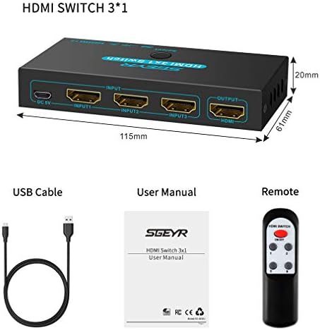 HDMI Switch 4K SGEYR 3 in 1 out HDMI Switcher 3x1 HDMI Switches Selector Box with Remote Control Supports 4K UHD 3D 1080P HDMI 1.4 for PS3/4/ Xbox/HDTV/Projecto