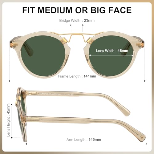 Image of CARFIA Small Face Acetate Polarized Sunglasses for Women UV Protection, Retro Double Bridge Eyewears Metal Brow Round Sunnies